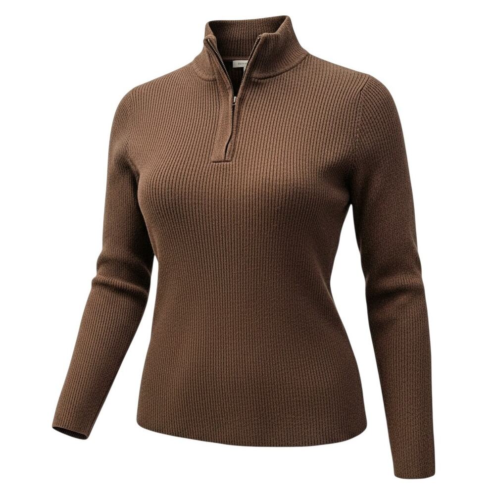 Pria Womens Rib Knit Quarter Zip Sweater Brown Pullover Medium Cozy